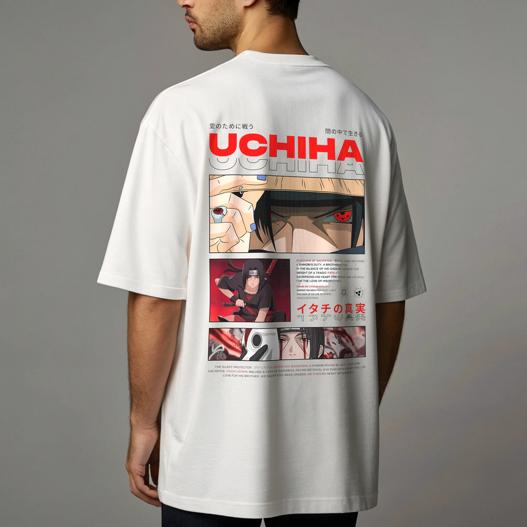 Uchiha Clan Oversized Anime Graphic T-Shirt – Itachi Uchiha | White Unisex Tee